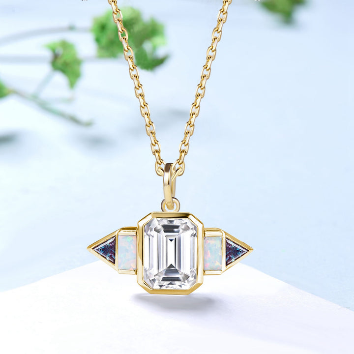 Art Deco Emerald Cut Moissanite & Opal Necklace | East-West Pendant - PENFINE
