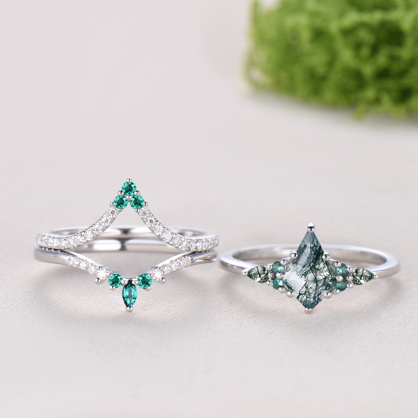 Kite Cut Moss Agate Engagement Ring Set, 14K White Gold Emerald Wedding Set