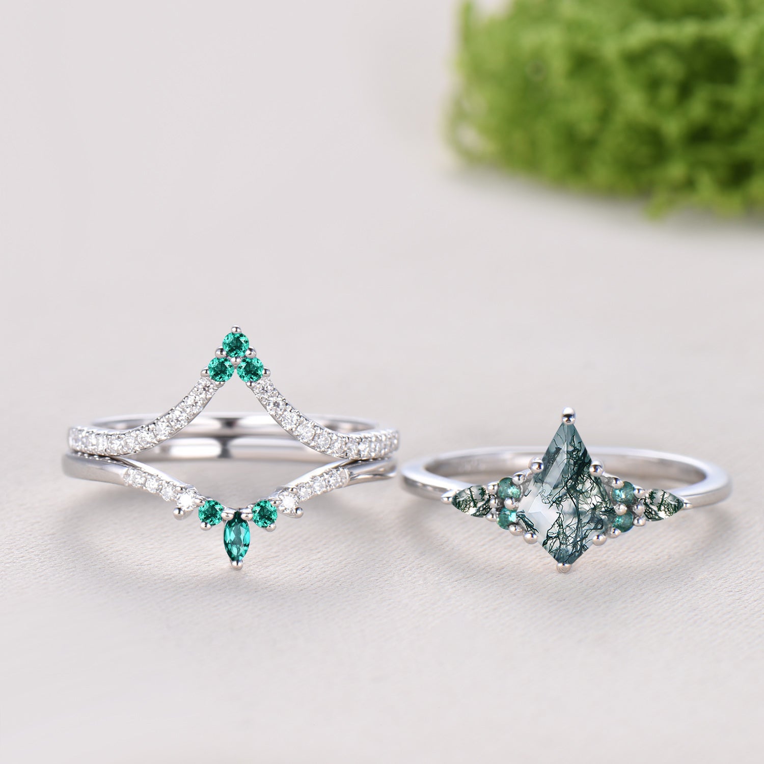 Kite Cut Moss Agate Engagement Ring Set, 14K White Gold Emerald Wedding Set