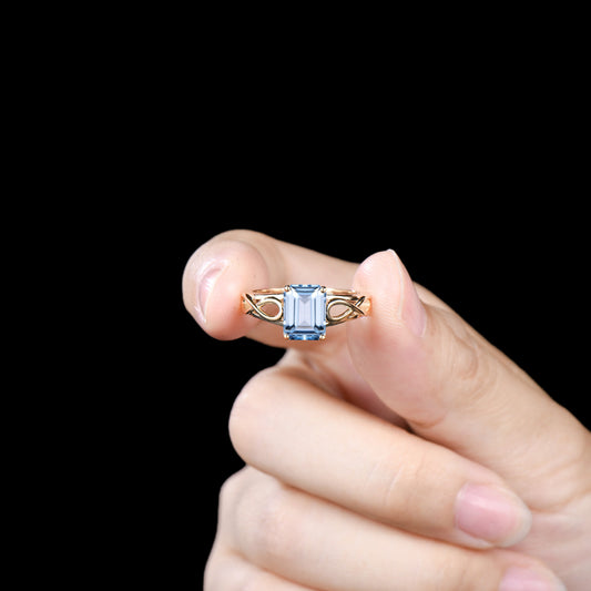 Emerald Cut Aquamarine Ring, Yellow Gold, Infinite Love Band
