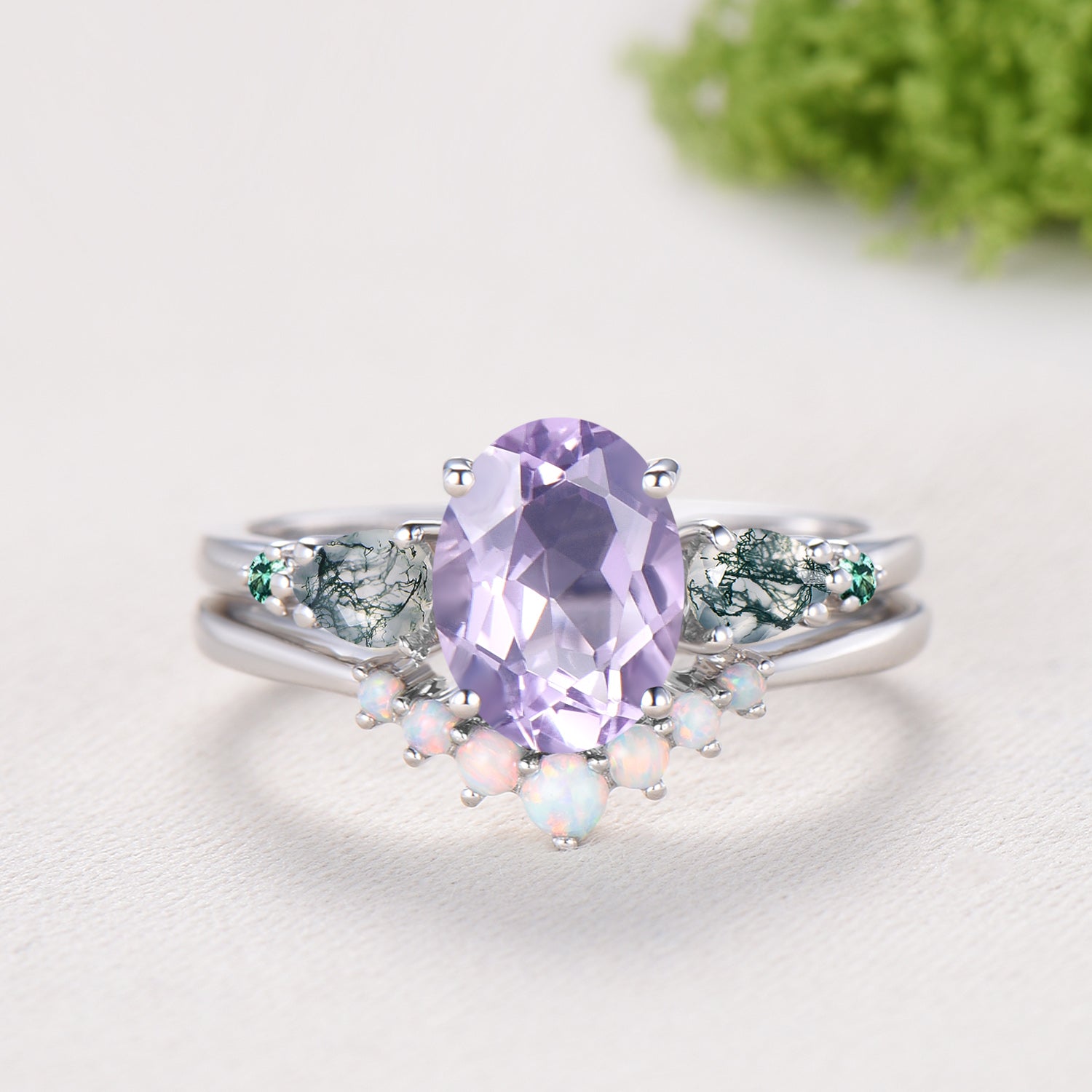 1.5 Carat Oval Natural Lavender Amethyst Engagement Ring Set, Pear Moss Agate & Emerald Wedding Band, Fire Opal Stacking Band
