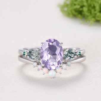 1.5 Carat Oval Natural Lavender Amethyst Engagement Ring Set, Pear Moss Agate & Emerald Wedding Band, Fire Opal Stacking Band
