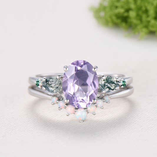 1.5 Carat Oval Natural Lavender Amethyst Engagement Ring Set, Pear Moss Agate & Emerald Wedding Band, Fire Opal Stacking Band