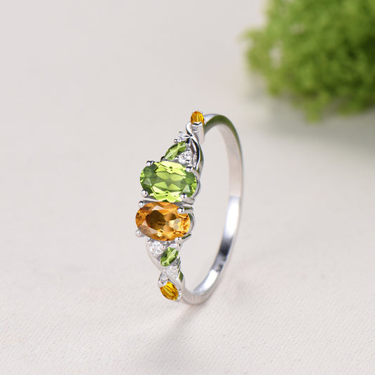 Vintage Peridot Citrine Engagement Ring | 14K White Gold Two Stone Oval Cut Promise Ring - PENFINE