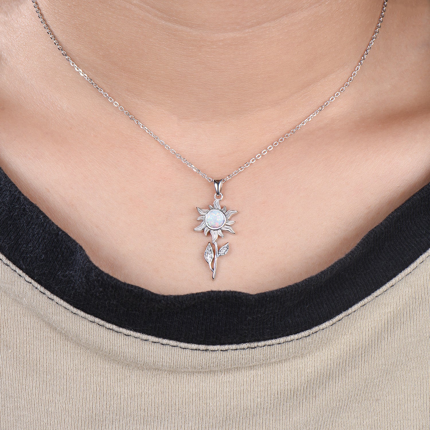 Dainty White Fire Opal Sunflower Pendant Necklace, Nature Inspired Charm