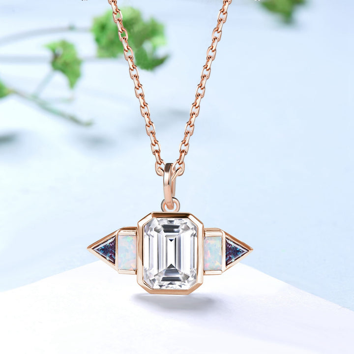 Art Deco Emerald Cut Moissanite & Opal Necklace | East-West Pendant - PENFINE