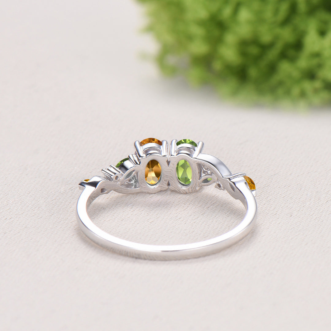 Vintage Peridot Citrine Engagement Ring | 14K White Gold Two Stone Oval Cut Promise Ring - PENFINE