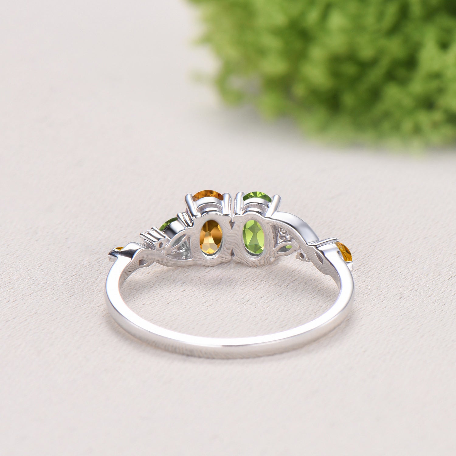 Vintage Peridot Citrine Engagement Ring | 14K White Gold Two Stone Oval Cut Promise Ring - PENFINE