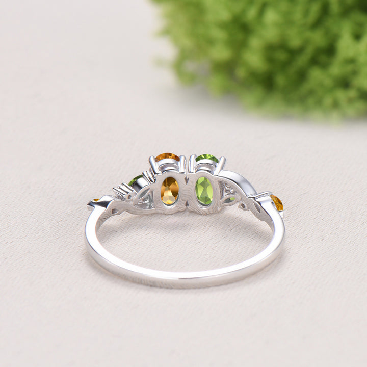 Vintage Peridot Citrine Engagement Ring | 14K White Gold Two Stone Oval Cut Promise Ring - PENFINE