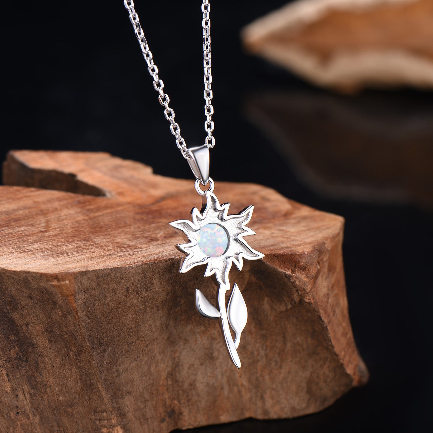 Dainty White Fire Opal Sunflower Pendant Necklace, Nature Inspired Charm