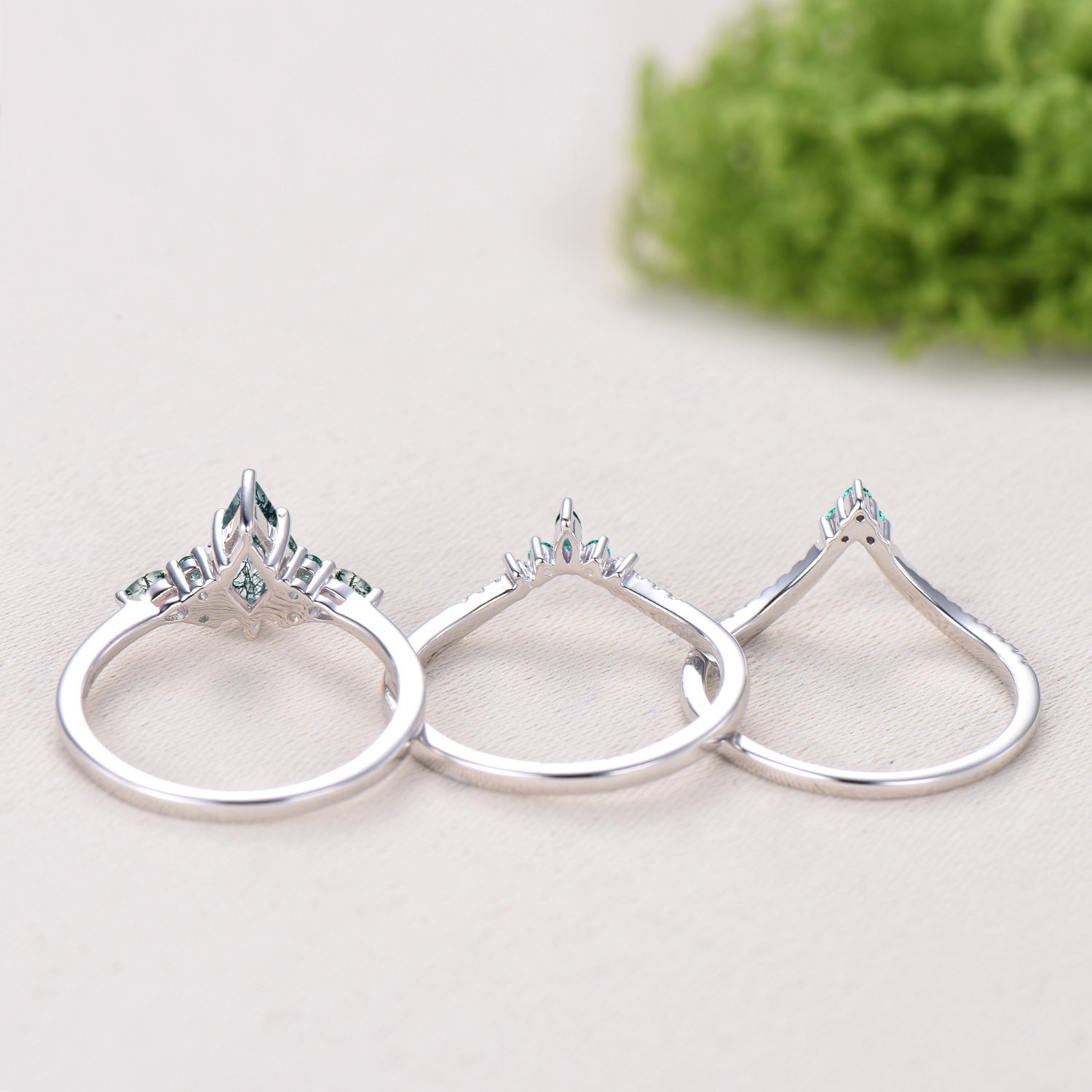 Kite Cut Moss Agate Engagement Ring Set, 14K White Gold Emerald Wedding Set