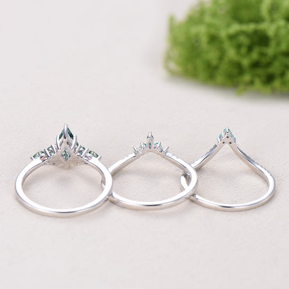 Kite Cut Moss Agate Engagement Ring Set, 14K White Gold Emerald Wedding Set