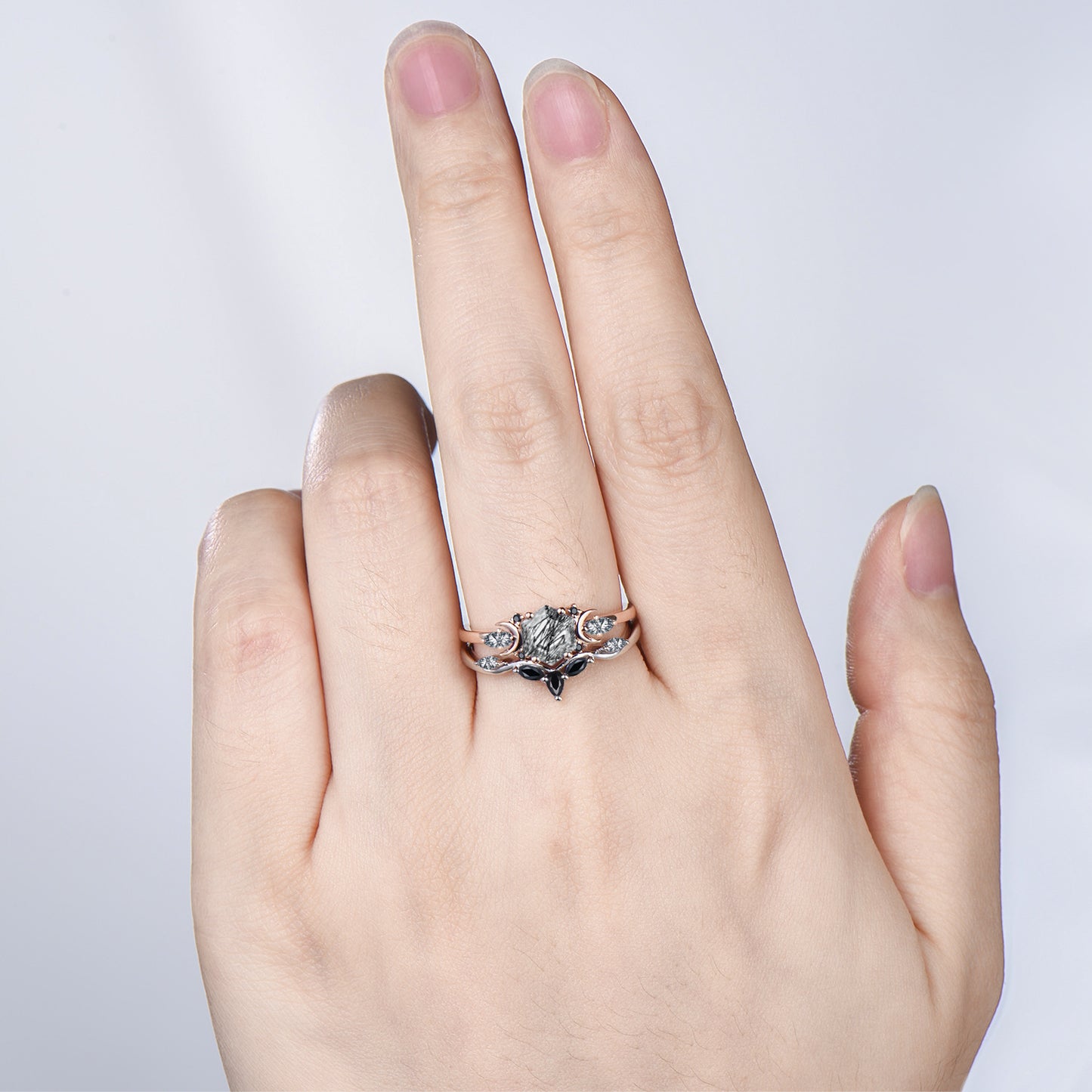 Hexagon Cut Black Rutilated Quartz Moon Celestial Ring Set Spinel Curved Band