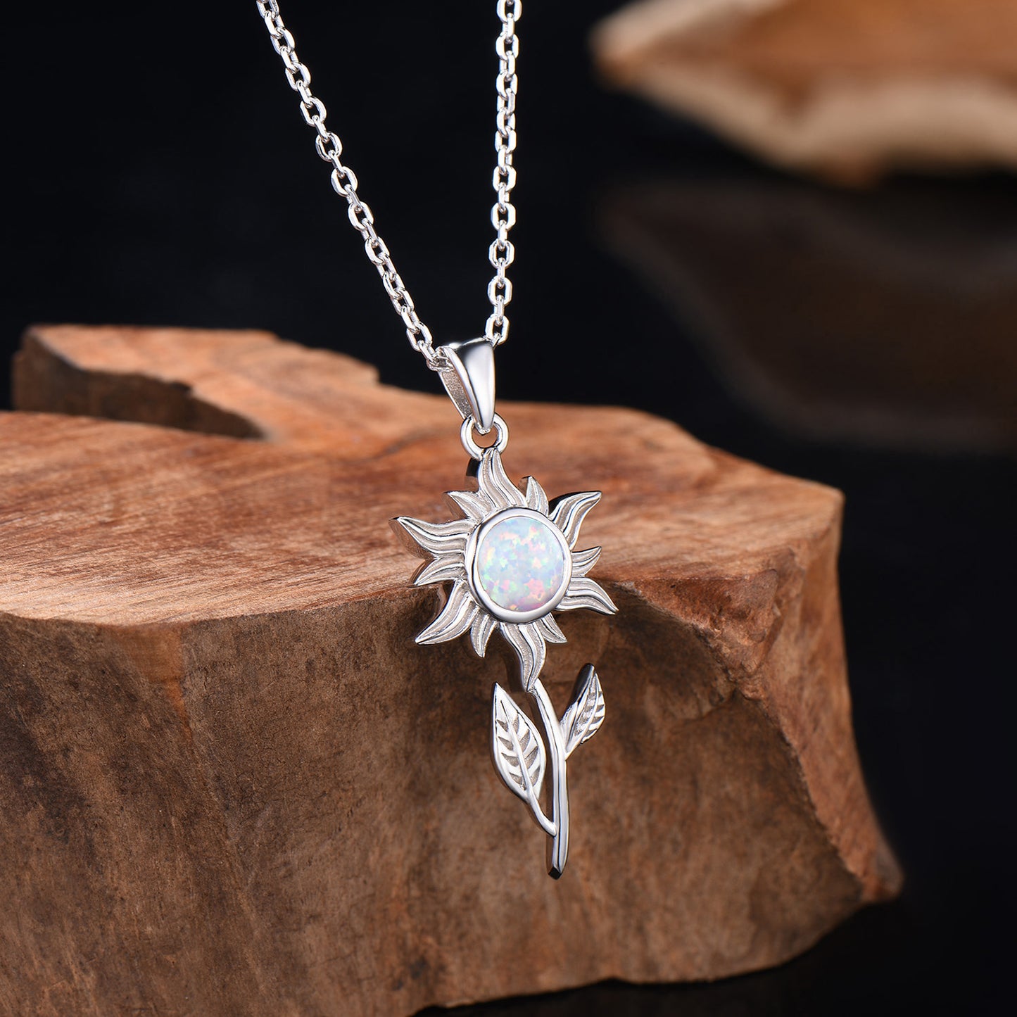 Dainty White Fire Opal Sunflower Pendant Necklace, Nature Inspired Charm