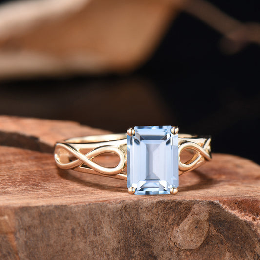 Emerald Cut Aquamarine Ring, Yellow Gold, Infinite Love Band