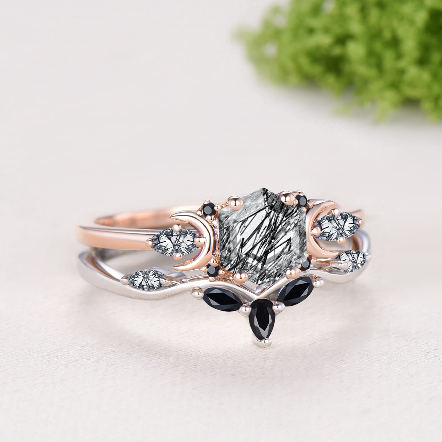 Hexagon Cut Black Rutilated Quartz Moon Celestial Ring Set Spinel Curved Band