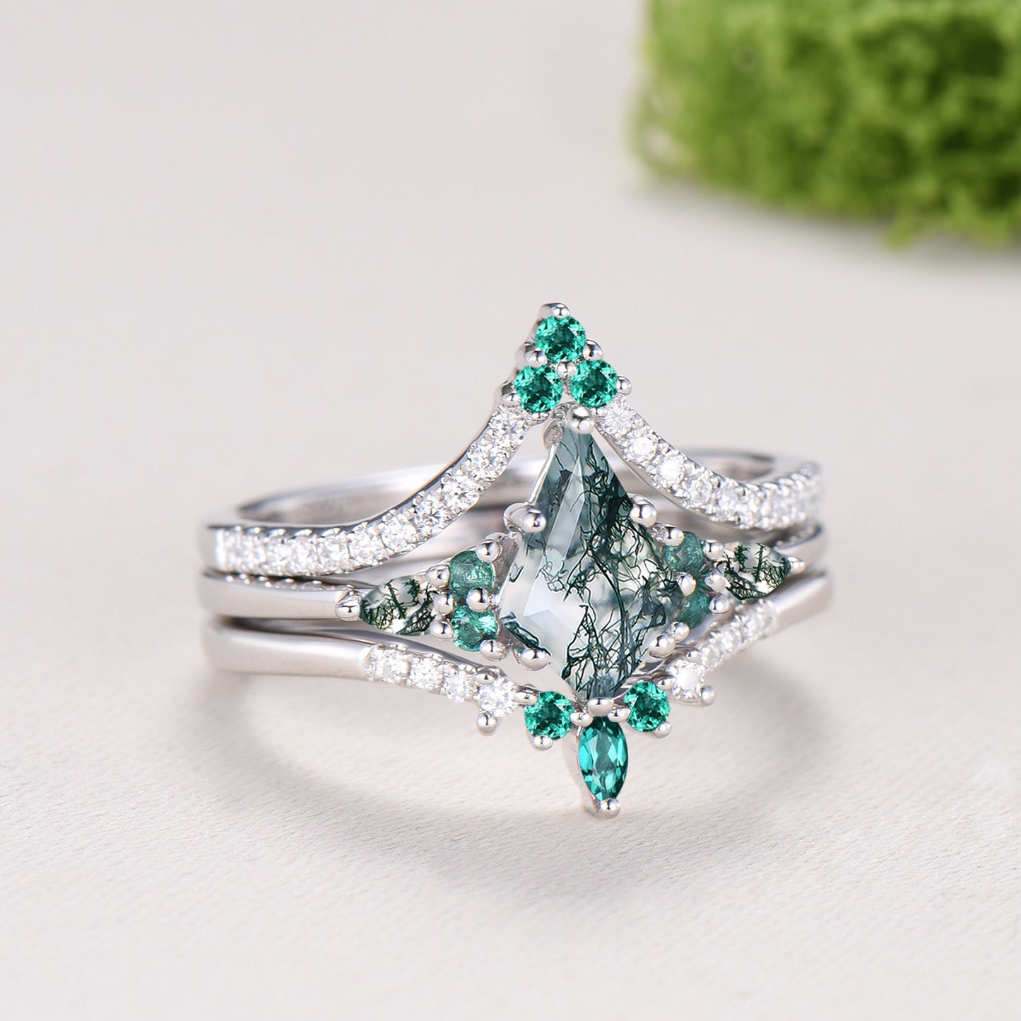 Kite Cut Moss Agate Engagement Ring Set, 14K White Gold Emerald Wedding Set