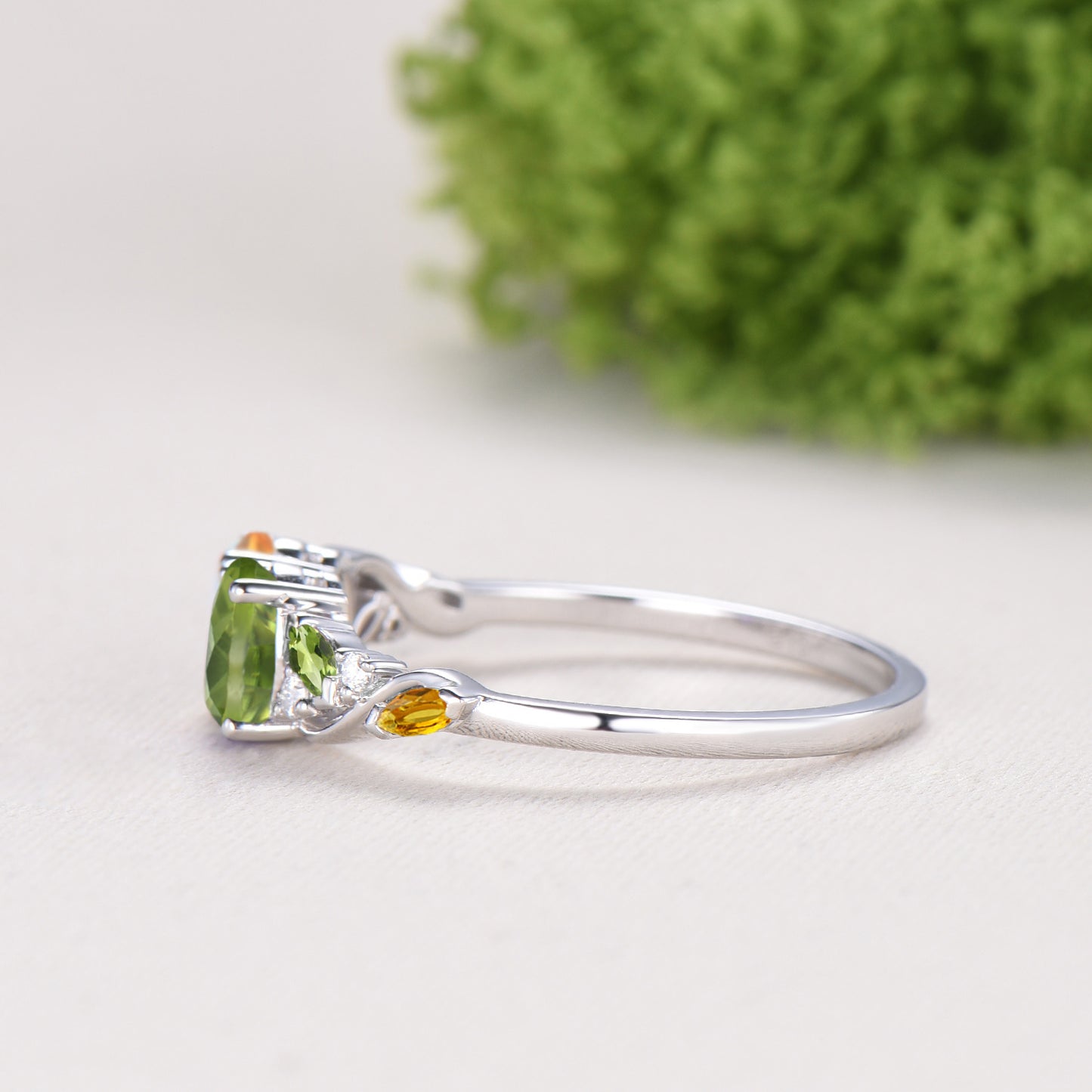 Vintage Peridot Citrine Engagement Ring | 14K White Gold Two Stone Oval Cut Promise Ring - PENFINE