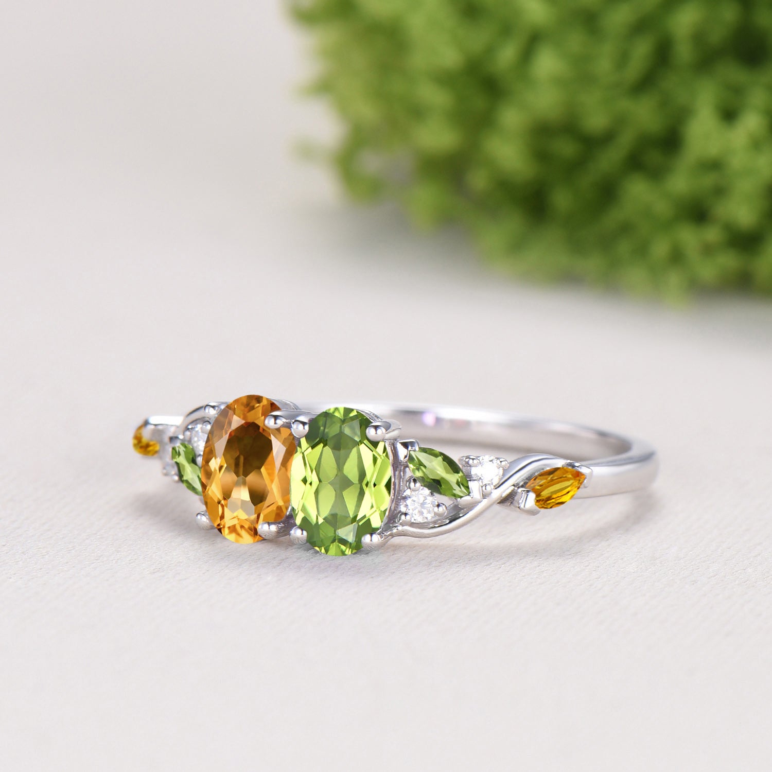 Vintage Peridot Citrine Engagement Ring | 14K White Gold Two Stone Oval Cut Promise Ring - PENFINE