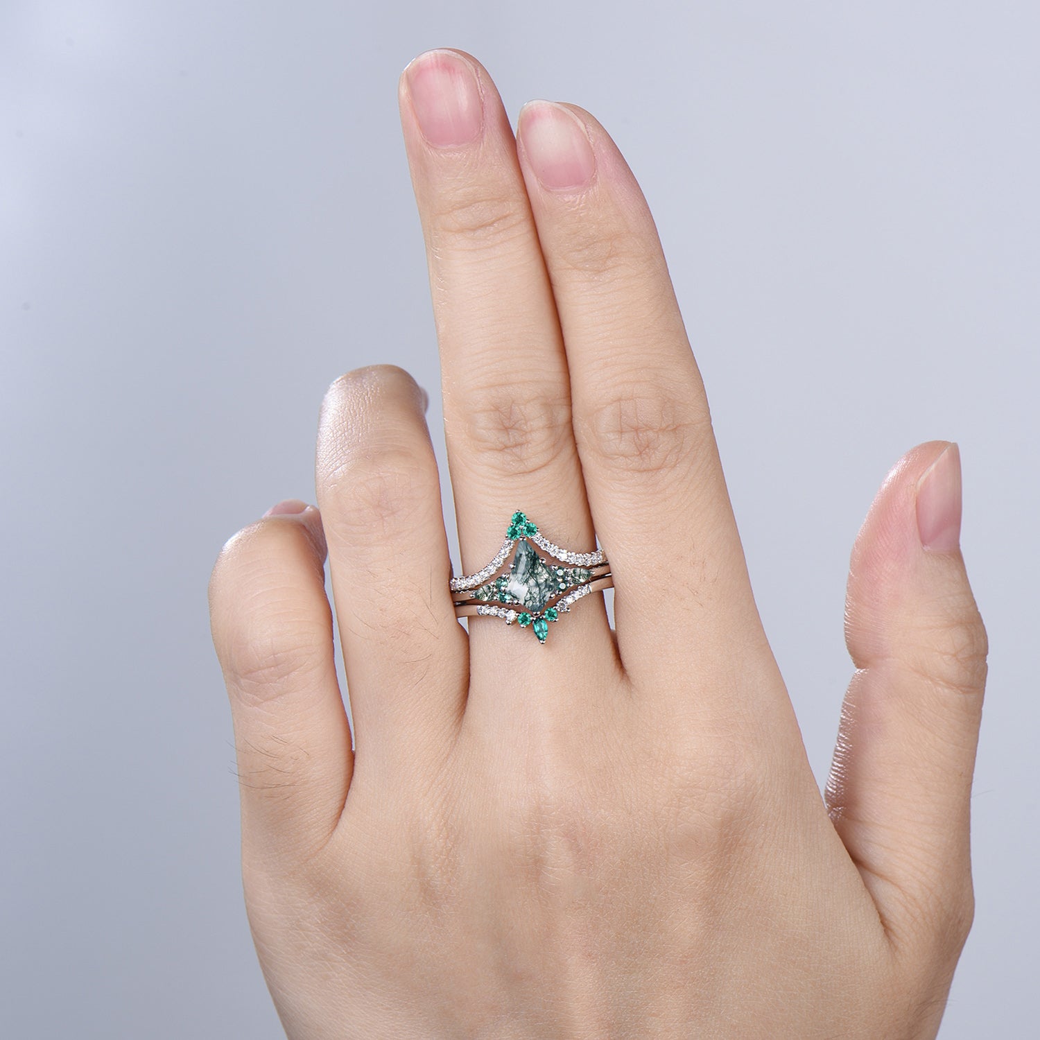 Kite Cut Moss Agate Engagement Ring Set, 14K White Gold Emerald Wedding Set