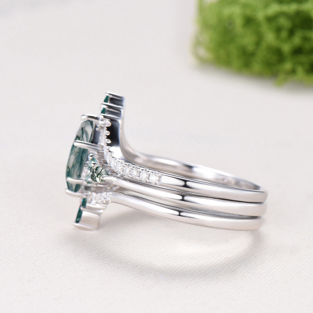Kite Cut Moss Agate Engagement Ring Set, 14K White Gold Emerald Wedding Set