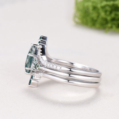 Kite Cut Moss Agate Engagement Ring Set, 14K White Gold Emerald Wedding Set