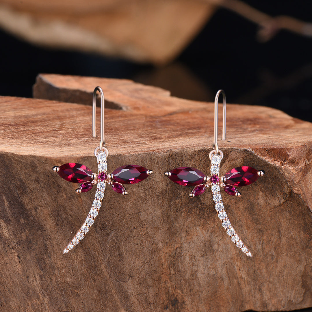 Elegant dragonfly marqusie cut red ruby earrings Julyne birthstone fine jewelry - PENFINE