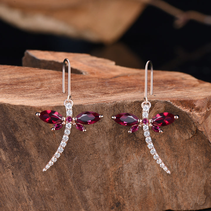Elegant dragonfly marqusie cut red ruby earrings Julyne birthstone fine jewelry - PENFINE