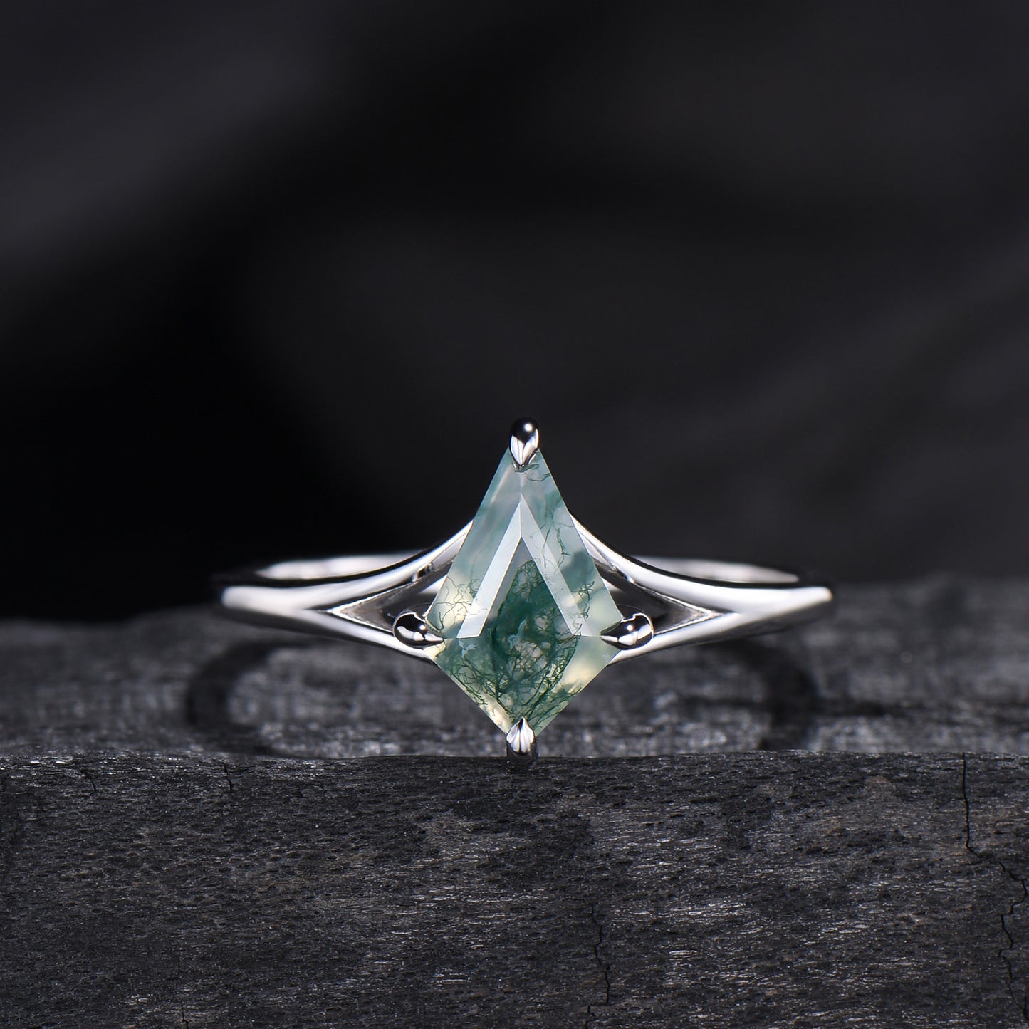 Kite Cut Moss Agate Engagement Ring | Split Shank Minimalist Promise Ring