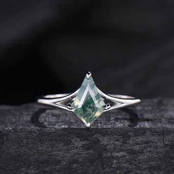 Kite Cut Moss Agate Engagement Ring | Split Shank Minimalist Promise Ring