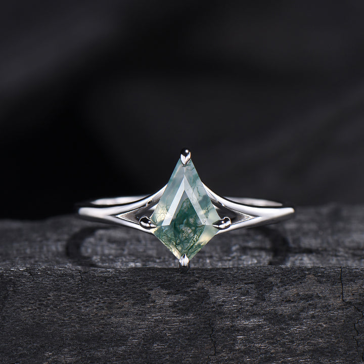Kite Cut Moss Agate Engagement Ring | Split Shank Minimalist Promise Ring