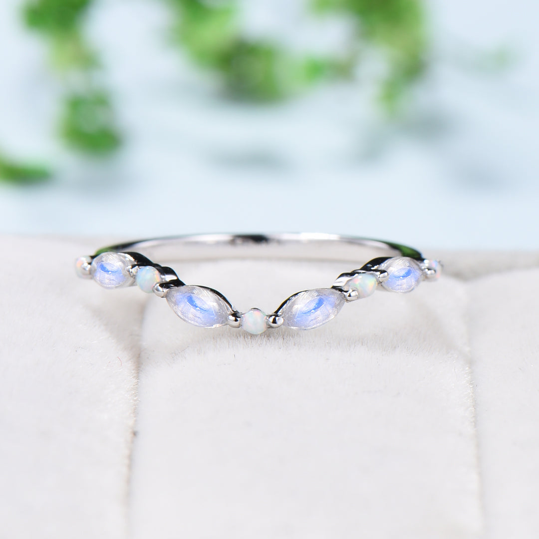 Vintage Curved Moonstone Opal Wedding Band Marquise Cut Crown wedding ring Unique Stacking matching ring Bridal ring Anniversary band - PENFINE