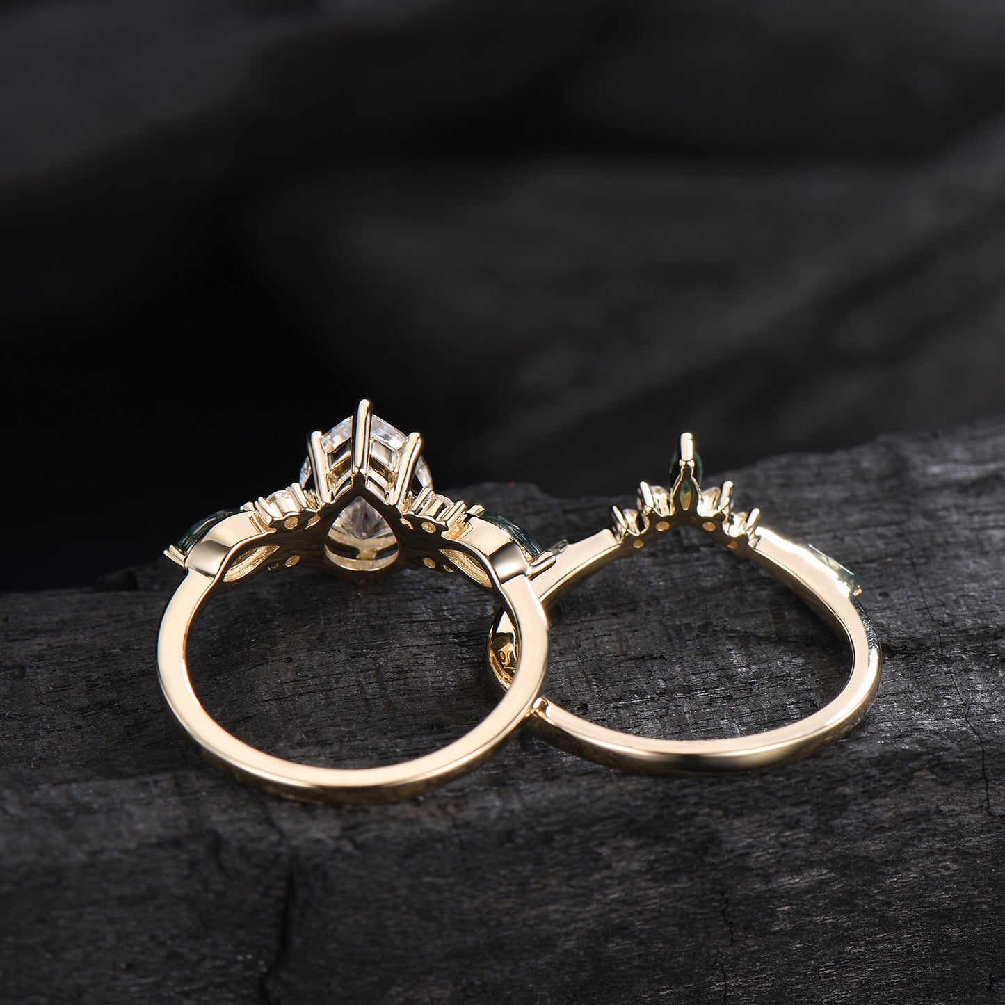 Vintage Pear Shaped Lab Grown Diamond Engagement Ring Set Marquise Moss Agate Wedding Ring Set