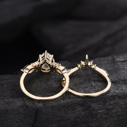 Vintage Pear Shaped Lab Grown Diamond Engagement Ring Set Marquise Moss Agate Wedding Ring Set