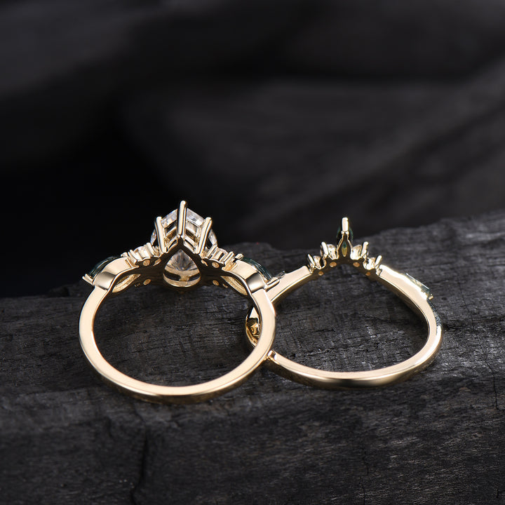 Vintage Pear Shaped Lab Grown Diamond Engagement Ring Set Marquise Moss Agate Wedding Ring Set