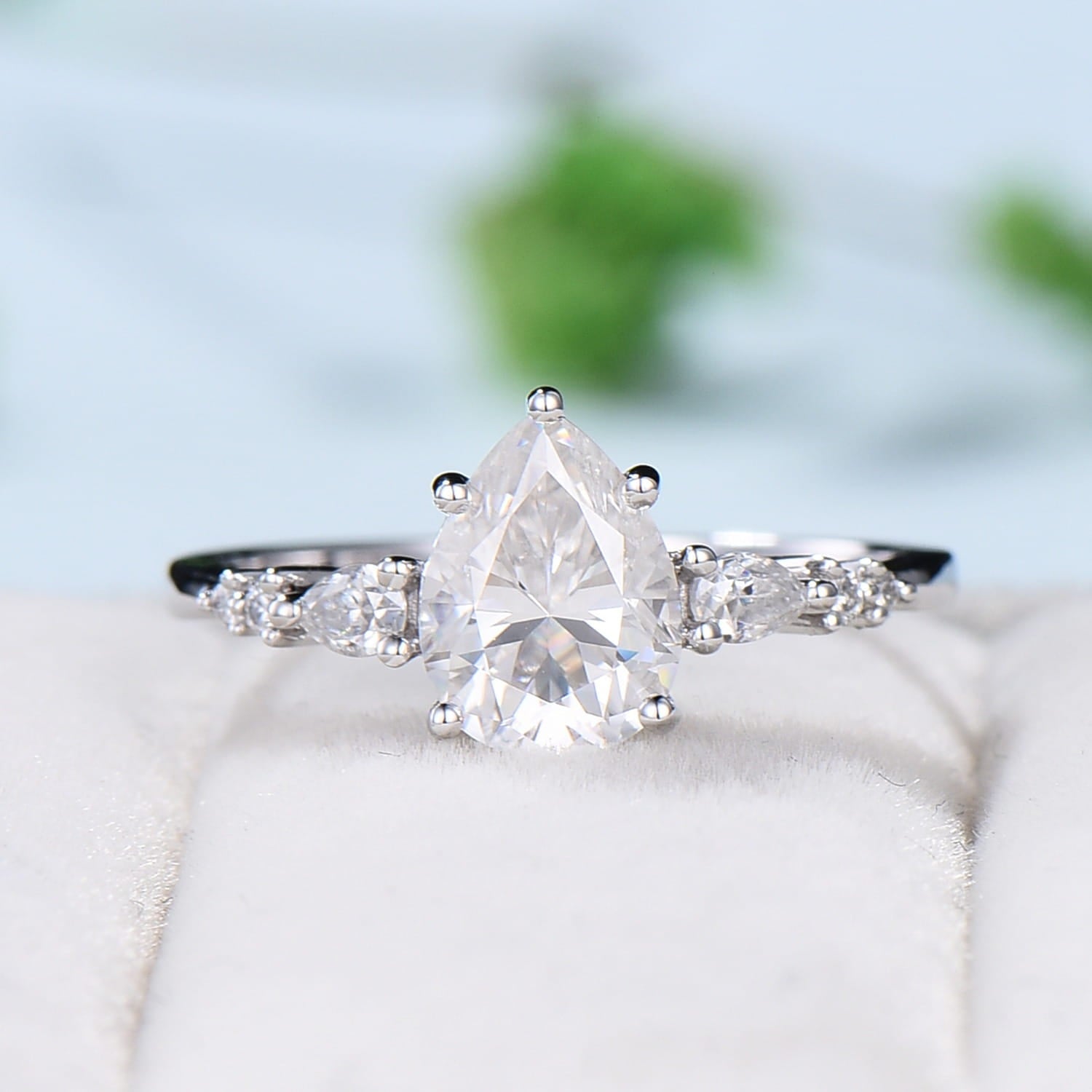 1.25CT pear shaped moissanite ring vintage 7 stone Moissanite engagement ring white gold Wedding Ring Women Unique Bridal Ring Proposal Gift - PENFINE