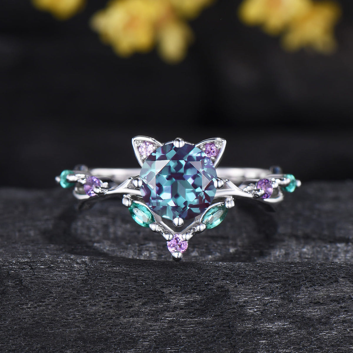 Cat Alexandrite Engagement Ring Black Gold Animal Inspired Amethyst Emerald Ring