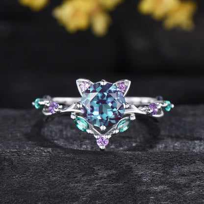 Cat Alexandrite Engagement Ring Black Gold Animal Inspired Amethyst Emerald Ring