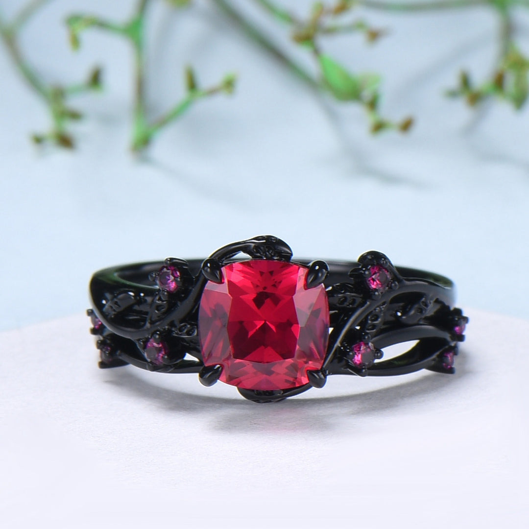 Unique gothic cushion cut ruby wedding ring set black gold natural inspired ruby engagement ring for women unique July birthstone bridal set - PENFINE