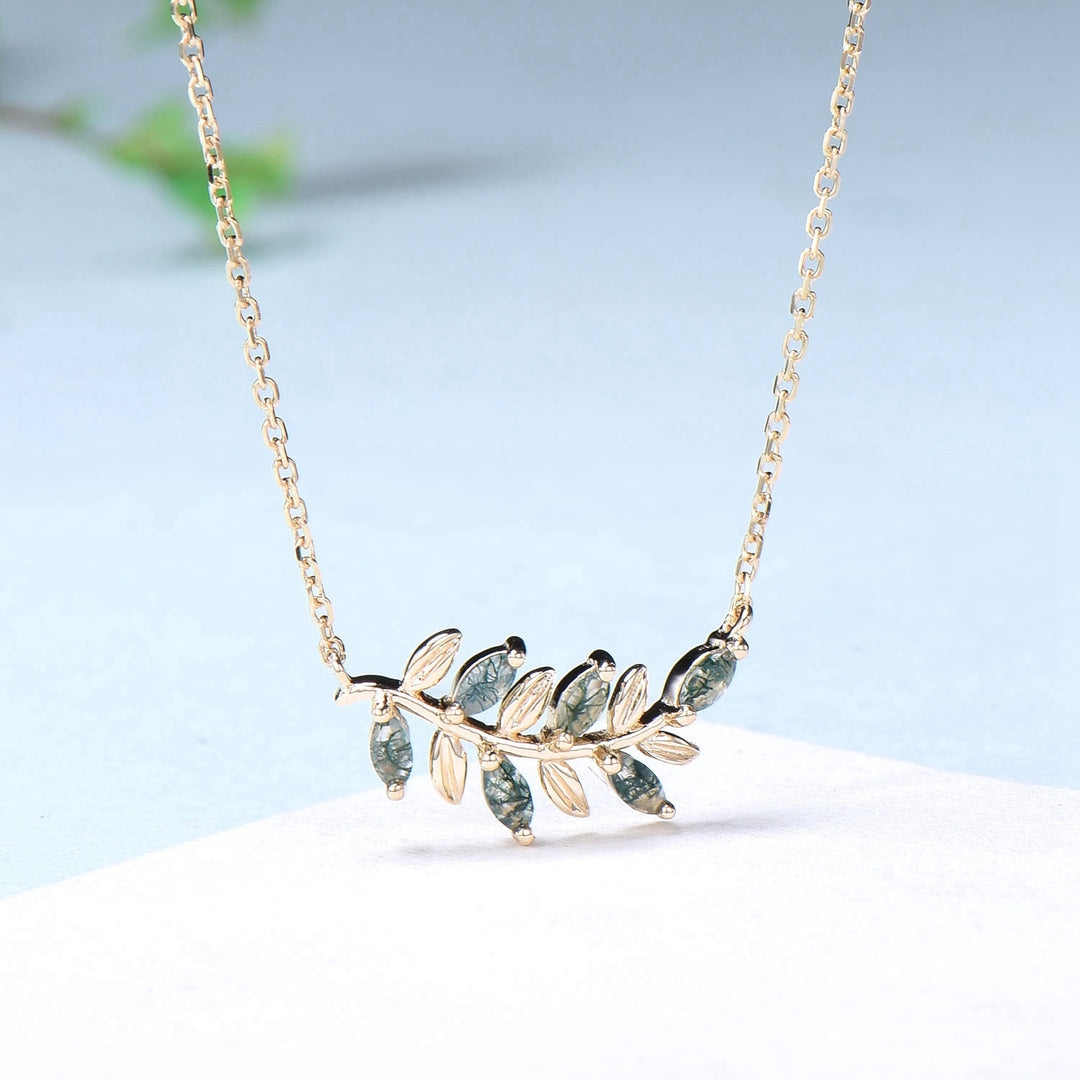 Nature Inspired Moss Agate Necklace Unique Marquise Green Agate Leaves Pendant Necklace Branch Guard Pendant Unique Anniversary gift women - PENFINE