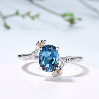 Snake Ring: London Blue Topaz, Citrine, Handmade Gold Anniversary Ring - PENFINE