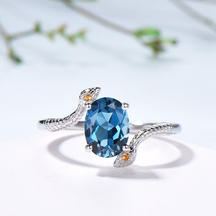 Snake Ring: London Blue Topaz, Citrine, Handmade Gold Anniversary Ring - PENFINE