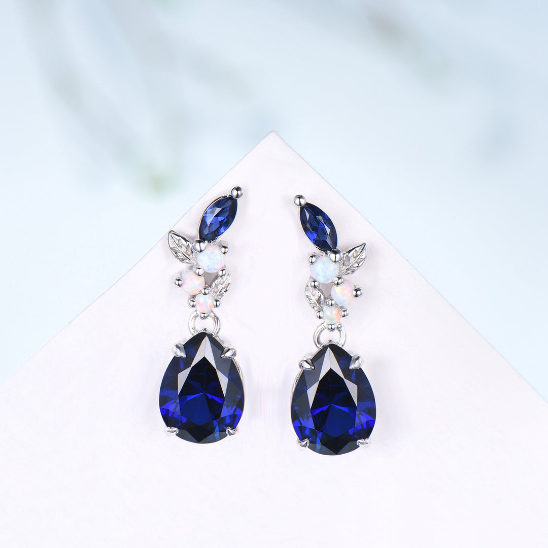 Nature Inspired Pear Shaped Blue Sapphire Earrings Leaf Stud Earrings Silver Vintage Unique Opal Earrings Handmade Anniversary Promise Gift - PENFINE