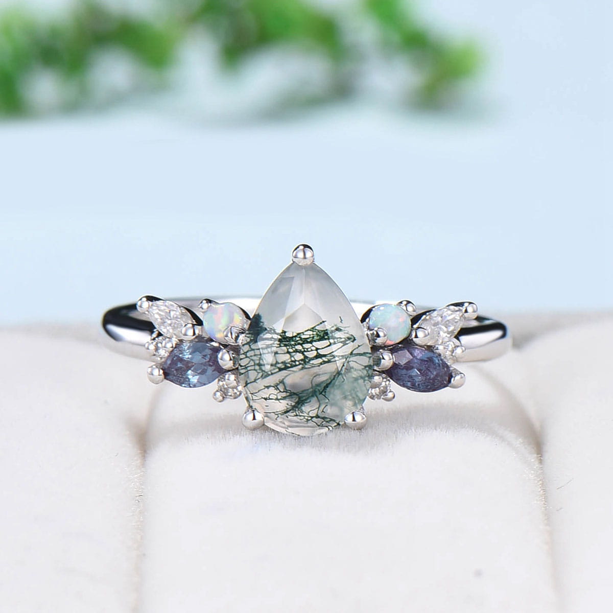 Teardrop Aquatic Agate Wedding Ring Vintage Unique Moss Agate Engagement Ring Rose Gold Alternative Alexandrite Opal Wedding Ring For Women - PENFINE
