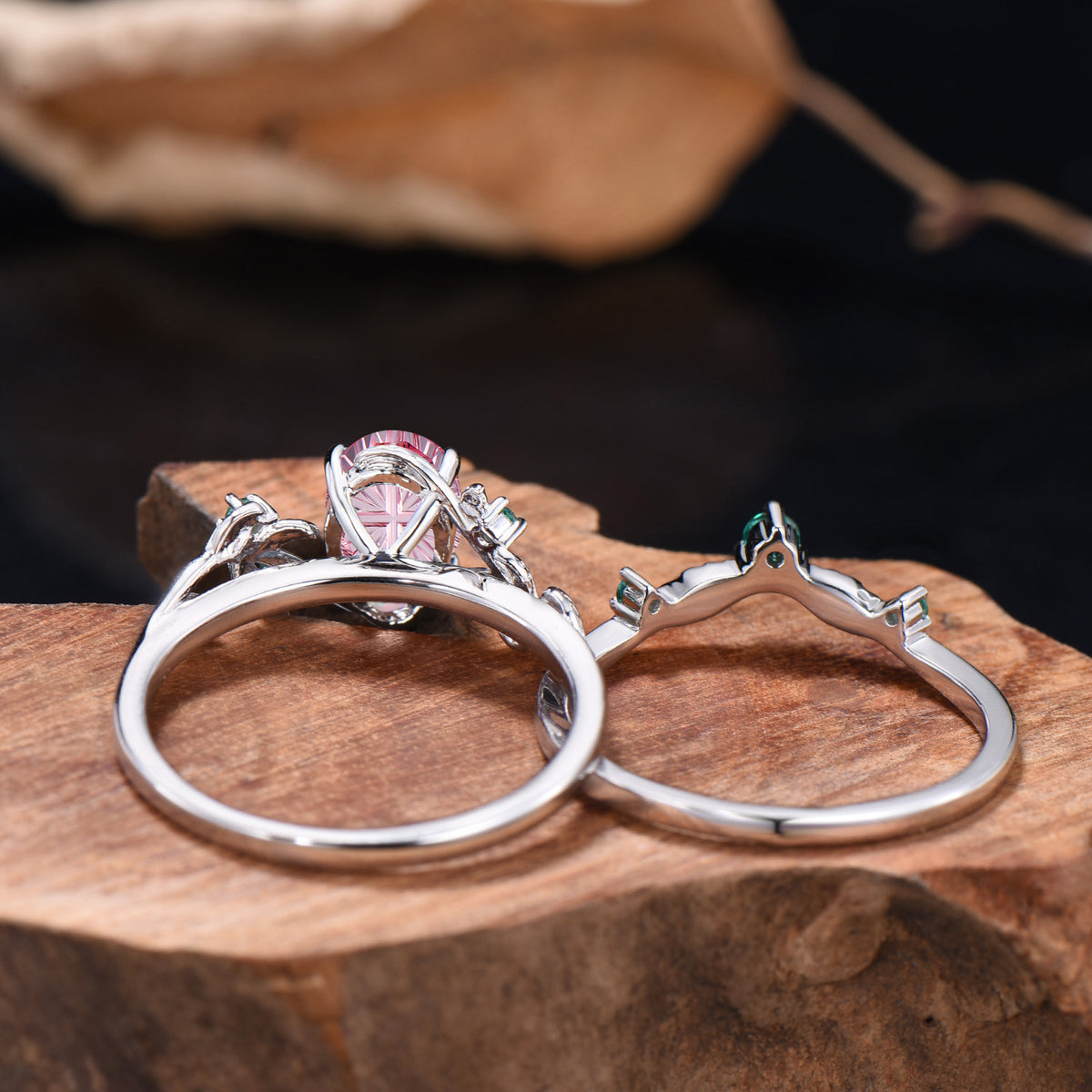 1.5CT Fantasy Cut Padparadscha Sapphire Leaf Bridal Set Emerald Nature Inspired Ring