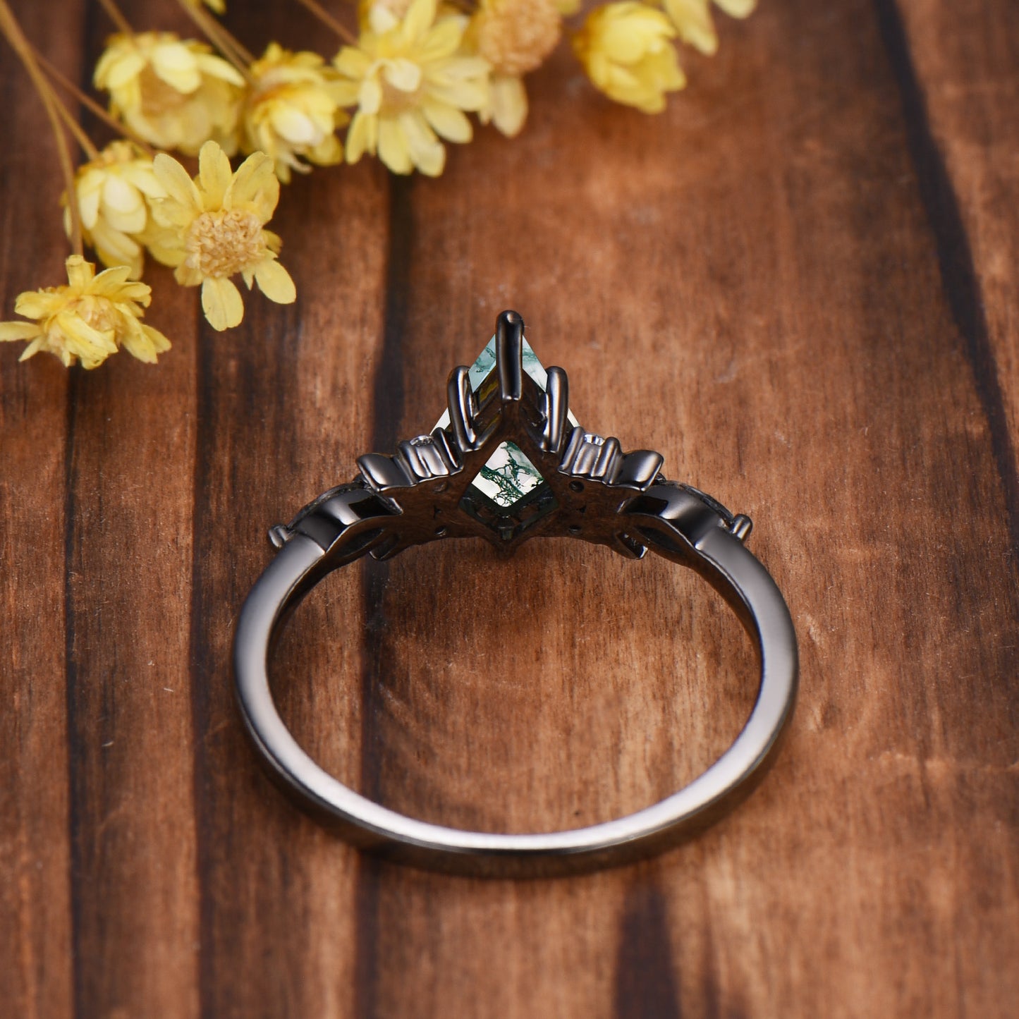 Kite Cut Moss Agate Moon Engagement Ring: Black Gold Accent Black Rutilated Quartz Band