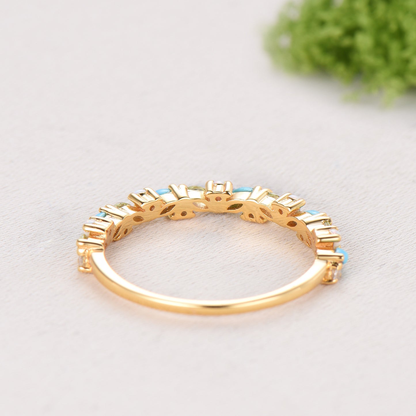 Vintage Yellow Gold Turquoise Opal Wedding Band, Peridot Moissanite Stacking Ring