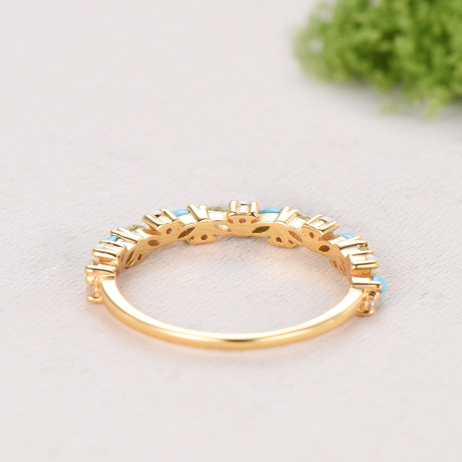 Vintage Yellow Gold Turquoise Opal Wedding Band, Peridot Moissanite Stacking Ring