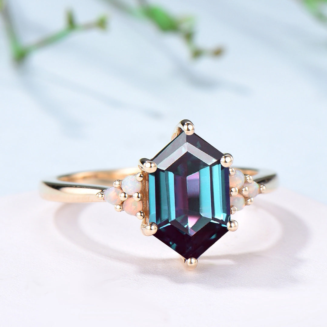 Octavia elongated hexagon alexandrite engagement ring cluster opal 14k yellow gold wedding ring for women Color change anniversary gift - PENFINE