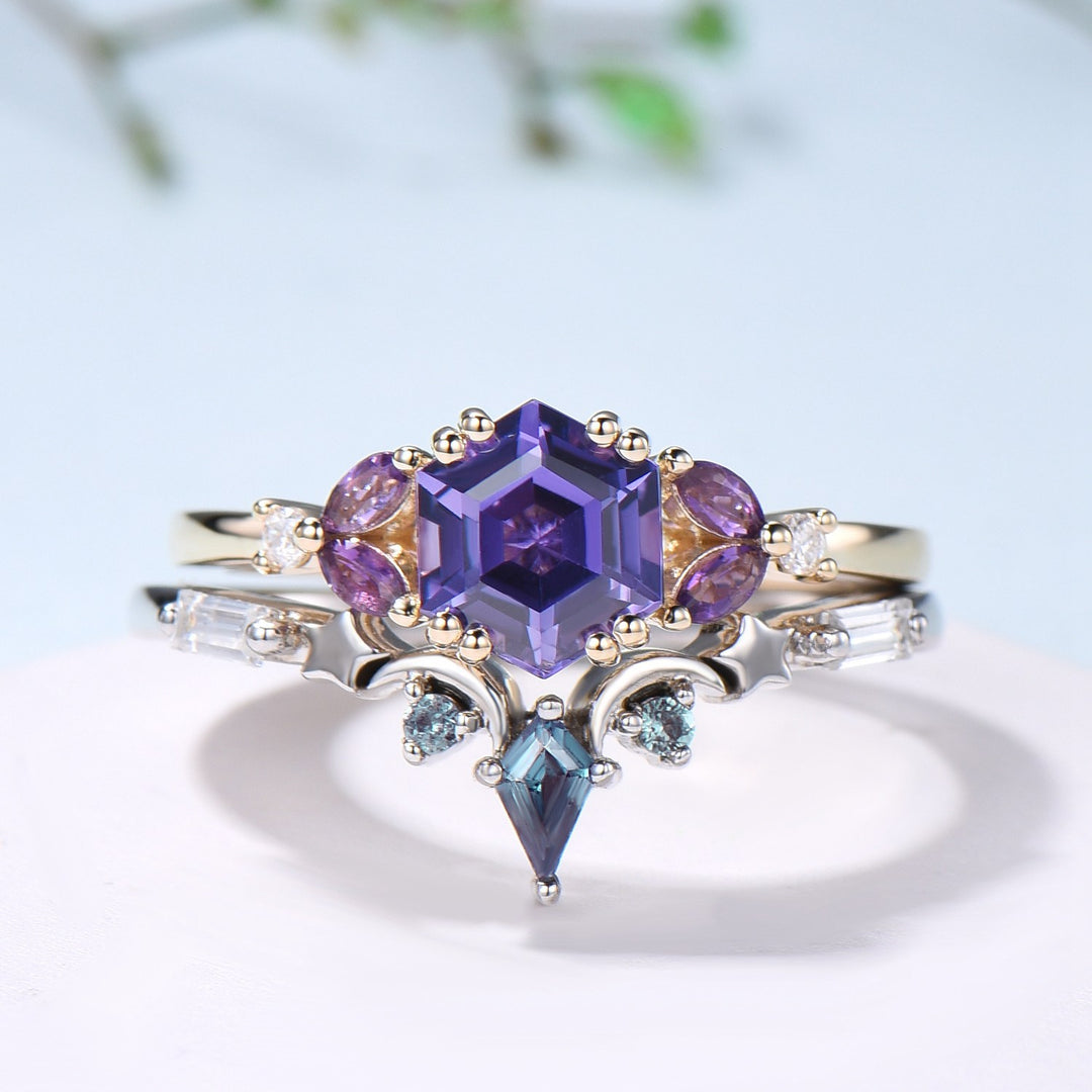 Unique Hexagon Purple Sapphire engagement ring set- moon star curved alexandrite wedding band - PENFINE